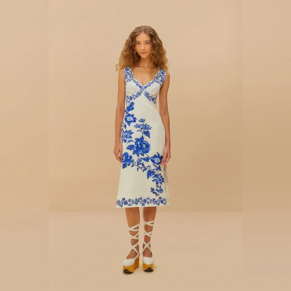 FARM Rio Off-White Floral Cascade Wavy Euroflax Premium Linen Midi Dress - Picture 4 of 10